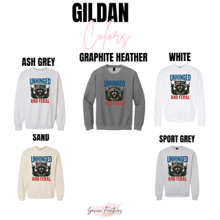 Gildan Unhinged and Feral crewnecks in ash grey, graphite heather, white, sand, and sport grey