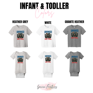 Unhinged and Feral raccoon infant and toddler tees and onesies in heather grey, white, and granite heather
