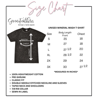 Unisex mineral wash t-shirt size chart with body length and chest measurements