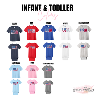 Infant and toddler USA faux patch tee and onesie color options in navy, red, royal, white, heather grey, light blue, pink, granite heather
