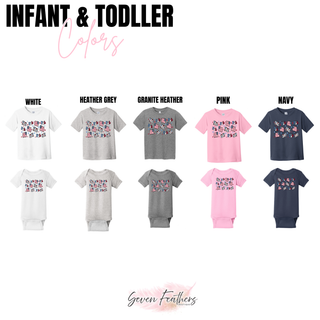 USA flag pattern infant and toddler tee and onesie color chart showing White, Heather Grey, Granite Heather, Pink, and Navy