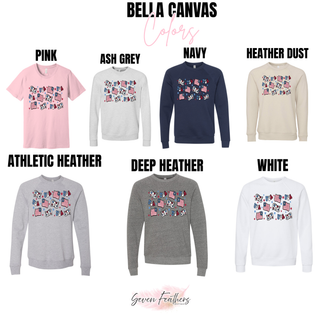 USA flag pattern top and sweatshirt shown in Bella Canvas Pink, Ash Grey, Navy, Heather Dust, Athletic Heather, Deep Heather, and White