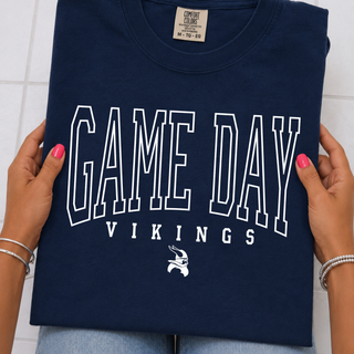 Varsity Game Day Seaman Vikings top in navy with white collegiate lettering and Viking mascot design
