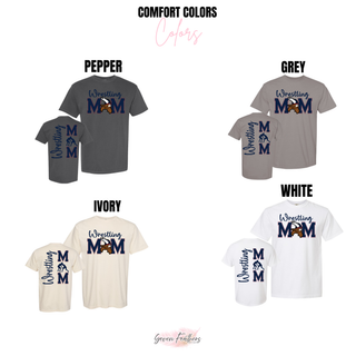 Comfort Colors tee color chart for the Viking Wrestling Mom boy wrestler design in Pepper, Grey, Ivory, and White