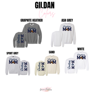 Gildan crewneck color chart for the Viking Wrestling Mom boy wrestler design in Graphite Heather, Ash Grey, Sport Grey, Sand, and White