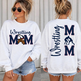 White crewneck sweatshirt on a model, front with Wrestling MOM in navy and a Viking head and back with vertical Wrestling script, stacked M letters and a boy wrestler silhouette