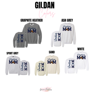 Gildan crewneck color chart for the Viking Wrestling Mom girl wrestler design in Graphite Heather, Ash Grey, Sport Grey, Sand, and White