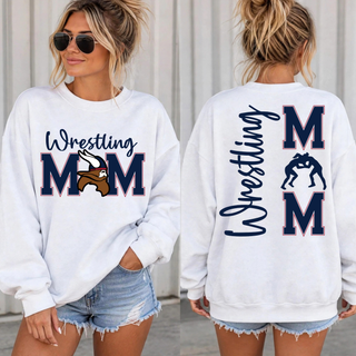 White crewneck sweatshirt on a model, front with Wrestling MOM in navy and a Viking head and back with vertical Wrestling script, stacked M letters and a girl wrestler silhouette with a ponytail