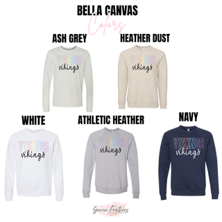 Vikings pastel outline design on Bella Canvas crewneck sweatshirts and long sleeve tees in Ash Grey, Heather Dust, White, Athletic Heather, and Navy
