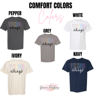 Vikings pastel outline design on Comfort Colors adult tees in Pepper, Grey, White, Ivory, and Navy