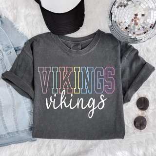 Pepper Comfort Colors tee with pastel rainbow outline VIKINGS design styled with hat and sunglasses