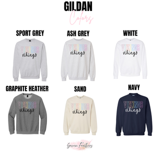 Vikings pastel outline design on Gildan crewneck sweatshirts in Sport Grey, Ash Grey, White, Graphite Heather, Sand, and Navy