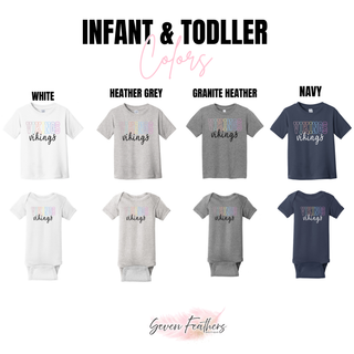 Vikings pastel outline design on infant bodysuits and toddler tees in White, Heather Grey, Granite Heather, and Navy