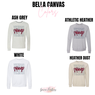 Vikings Stacked Script Top Bella Canvas sweatshirts in ash grey, athletic heather, white, and heather dust
