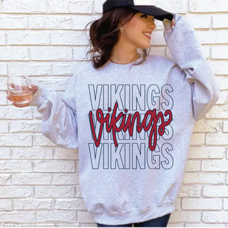 Vikings Stacked Script Top crewneck sweatshirt in ash grey with navy outline and red script