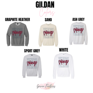 Vikings Stacked Script Top Gildan sweatshirts in graphite heather, sand, ash grey, sport grey, and white