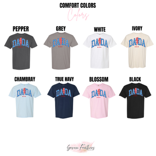 Comfort Colors tee chart for vintage all american dada top in pepper, grey, white, ivory, chambray, navy, blossom, black
