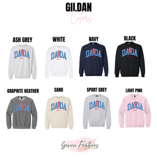 Gildan crewneck chart for vintage all american dada top in ash grey, white, navy, black, graphite heather, sand, sport grey
