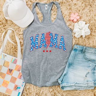 athletic heather Next Level racerback tank with mama stars stripes lightning bolt, styled with denim shorts and white hat
