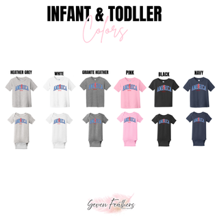 infant toddler tee and onesie colors for vintage all american top in heather grey, white, granite heather, pink, black, navy
