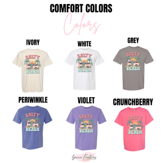 Comfort Colors vintage salty beach tee in ivory, white, grey, periwinkle, violet, and crunchberry
