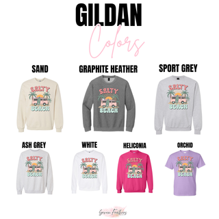 Gildan vintage salty beach top in sand, graphite heather, sport grey, ash grey, white, heliconia, and orchid
