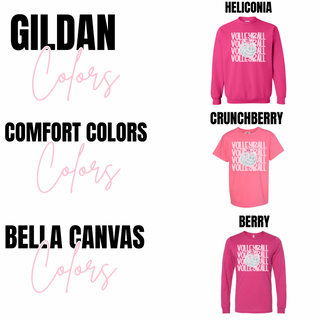 Gildan heliconia crewneck, Comfort Colors crunchberry tee, and Bella Canvas berry long sleeve Volleyball Bow swatch
