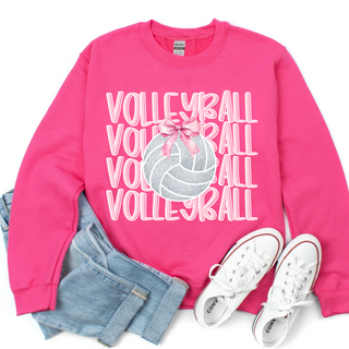 Hot pink crewneck with VOLLEYBALL stacked repeat text glitter volleyball and pink bow graphic flat lay front view
