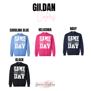 Volleyball game day crewneck sweatshirt color options carolina blue heliconia navy and black