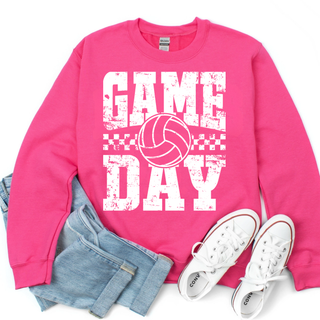 Volleyball game day distressed checkered top with volleyball graphic in hot pink flat lay with jeans and sneakers
