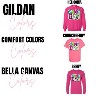 Gildan heliconia crewneck, Comfort Colors crunchberry tee, and Bella Canvas berry long sleeve volleyball game day swatch
