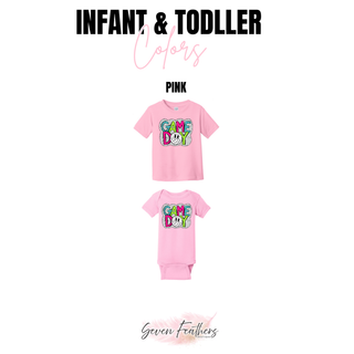 Pink infant and toddler volleyball game day tee and onesie color options in pink
