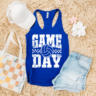 Royal blue racerback tank flat lay with distressed GAME DAY volleyball checkered graphic in white
