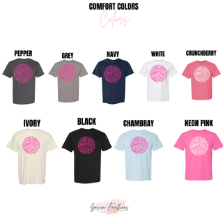Volleyball Word Art Top graphic tee color options in crunchberry, chambray, and neon pink