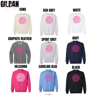 Volleyball Word Art Top crewneck sweatshirt color options in heliconia, navy, and carolina blue