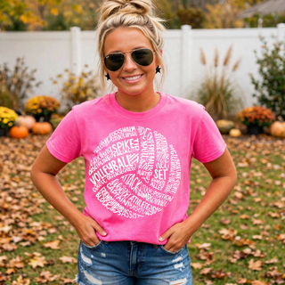 Volleyball Word Art Top hot pink tee with word cloud volleyball graphic