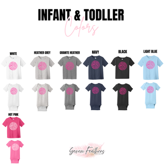 Volleyball Word Art Top infant onesie and toddler tee color options in navy, black, and light blue