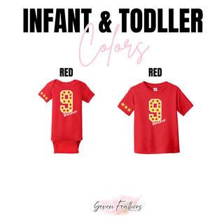Red infant bodysuit and toddler tee with a gold number 9 filled with maroon stars, Walker in white script lettering, and gold stars down the sleeve