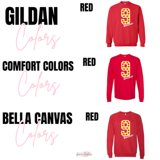 Red Gildan, Comfort Colors, and Bella Canvas crewneck sweatshirts with a gold number 9 filled with maroon stars and Walker in white script lettering underneath