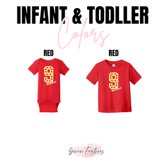 Red infant bodysuit and toddler tee with a gold number 9 filled with maroon stars and Walker in white script lettering underneath