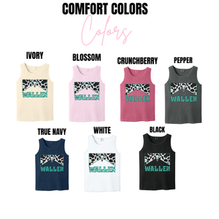 comfort colors tank top color options ivory, blossom, crunchberry, pepper, true navy, white, and black with wallen bull skull country design

