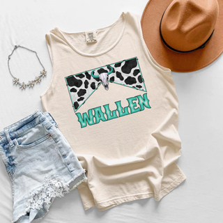 ivory comfort colors tank top flat lay featuring turquoise wallen text under cow print banner with bull skull and teal horns styled with hat