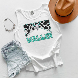 white comfort colors tank top flat lay featuring turquoise wallen text under cow print banner with bull skull and teal horns