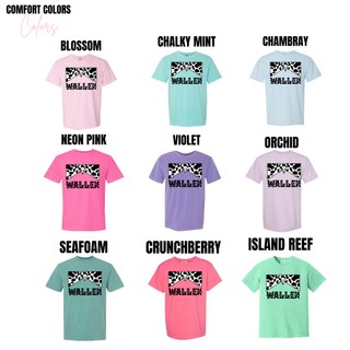 color grid showing wallen cow skull tee in blossom, chalky mint, chambray, neon pink, violet, orchid, seafoam, crunchberry, and island reef