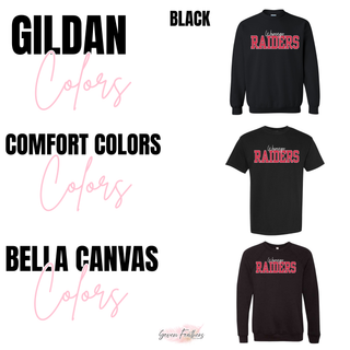 Wamego Raiders black polka dot top color chart showing Gildan, Comfort Colors, and Bella Canvas blanks in black