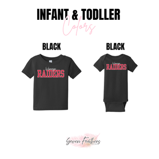 Wamego Raiders black polka dot top infant and toddler color options, black bodysuit and black toddler tee