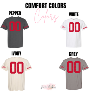 Wamego Raiders custom number jersey Comfort Colors color chart showing Pepper, White, Ivory, and Grey options
