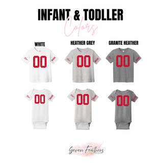 Wamego Raiders custom number jersey infant and toddler color chart showing White, Heather Grey, and Granite Heather options