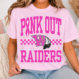 Woman wearing pink Wamego Raiders Pink Out Top with W and feather logo and RAIDERS graphic