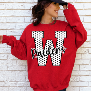 Red top featuring a large white letter W filled with black polka dots and Raiders script across the front.